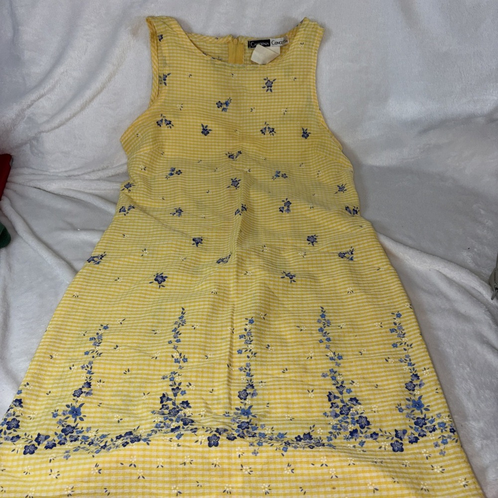 Vintage 90s California Concept Yellow Gingham Floral Shift Mini Dress Size 9 Y2K